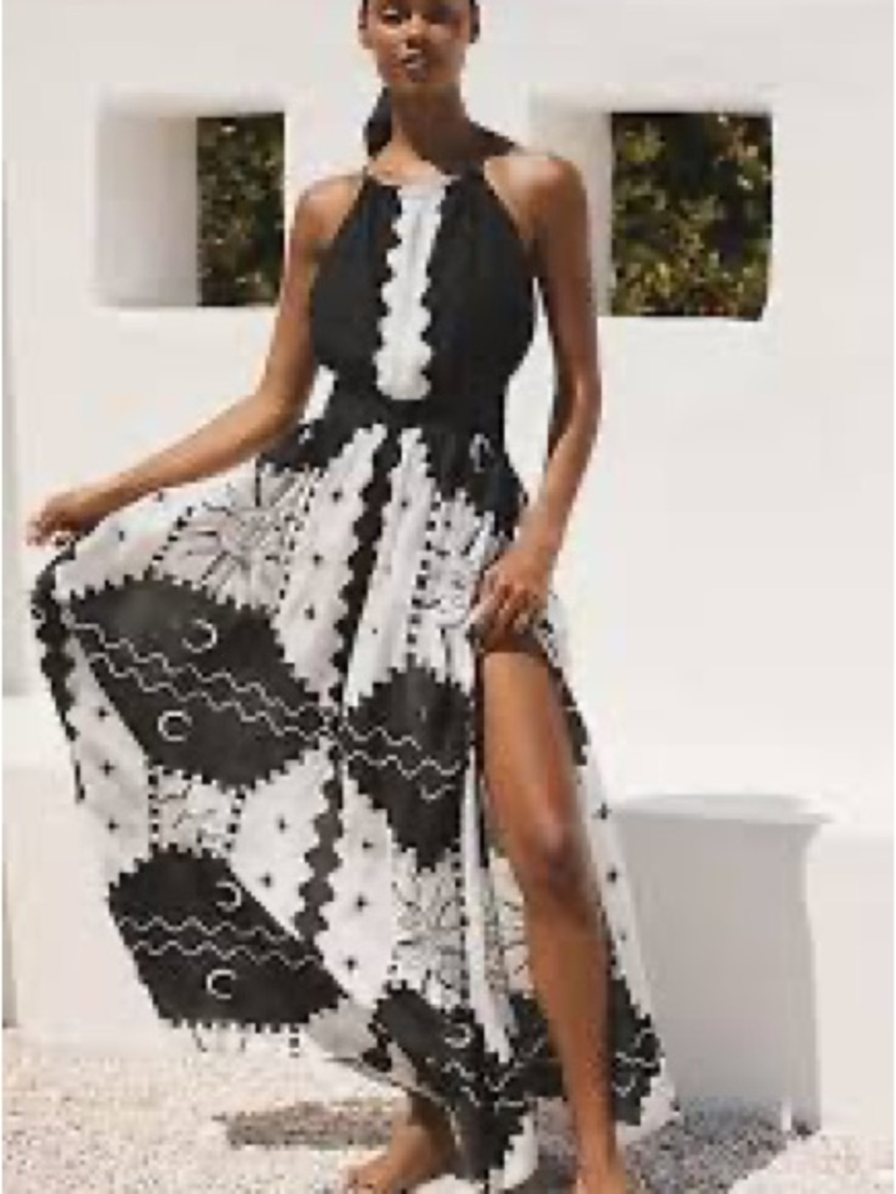 Anthropologie Black and White Halter Maxi Dress with Graphic Motif